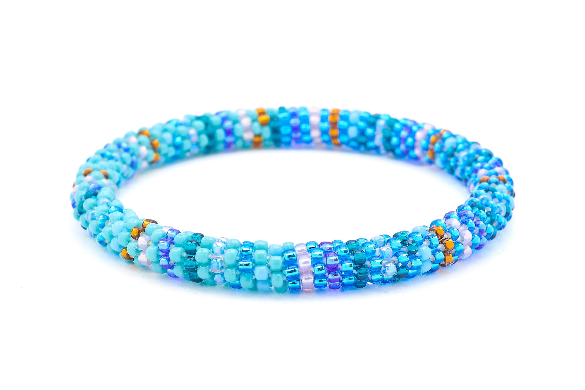 Sashka Co.  Shades of Blue, Teal, Turquoise, Amber, Light Purple, Aqua Current Bracelet. Handmade glass bead bracelet from Nepal, featuring a roll design.
 