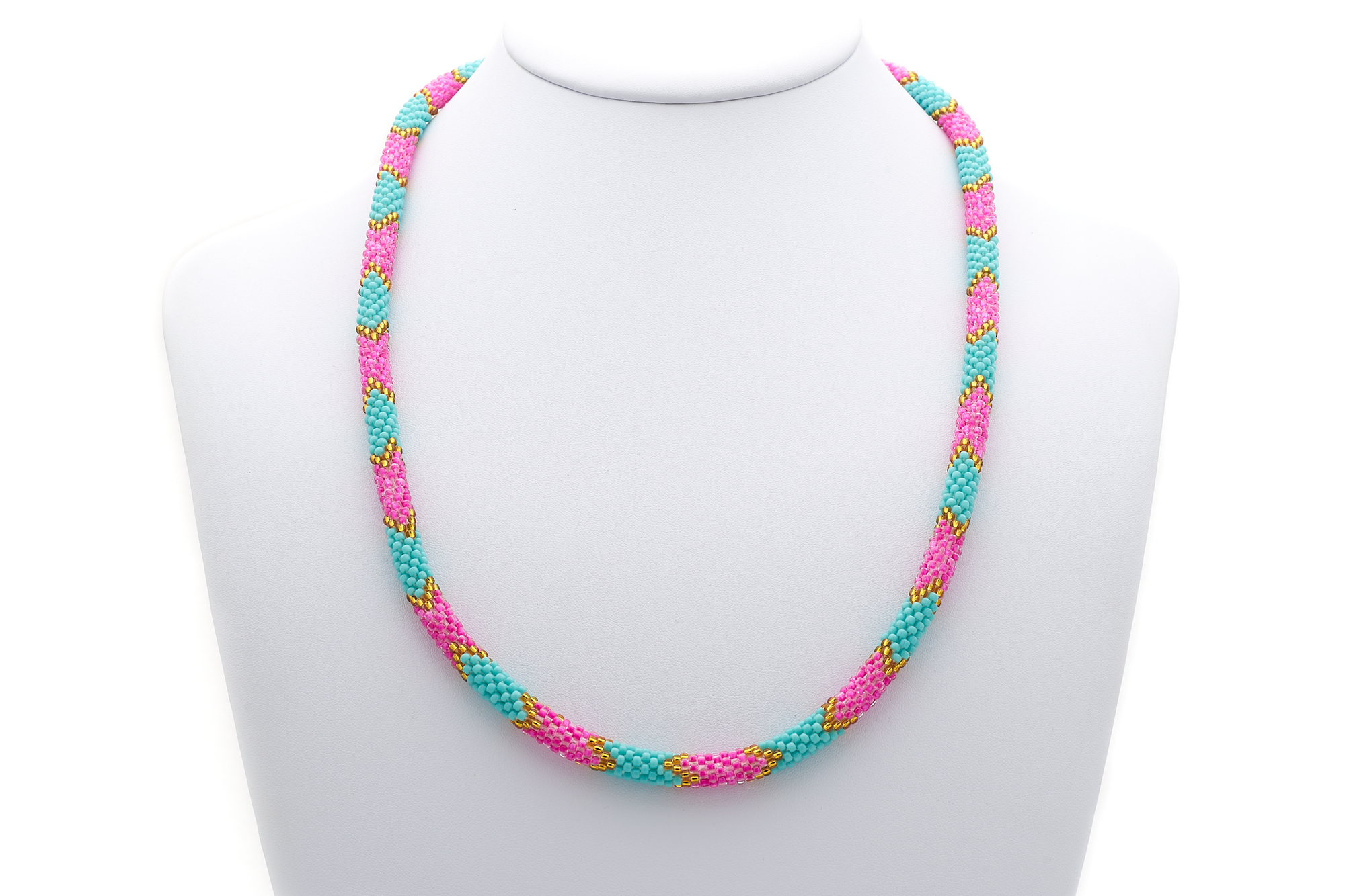 Sashka Co. Necklace Pink, Turquoise, Gold Glass Bead