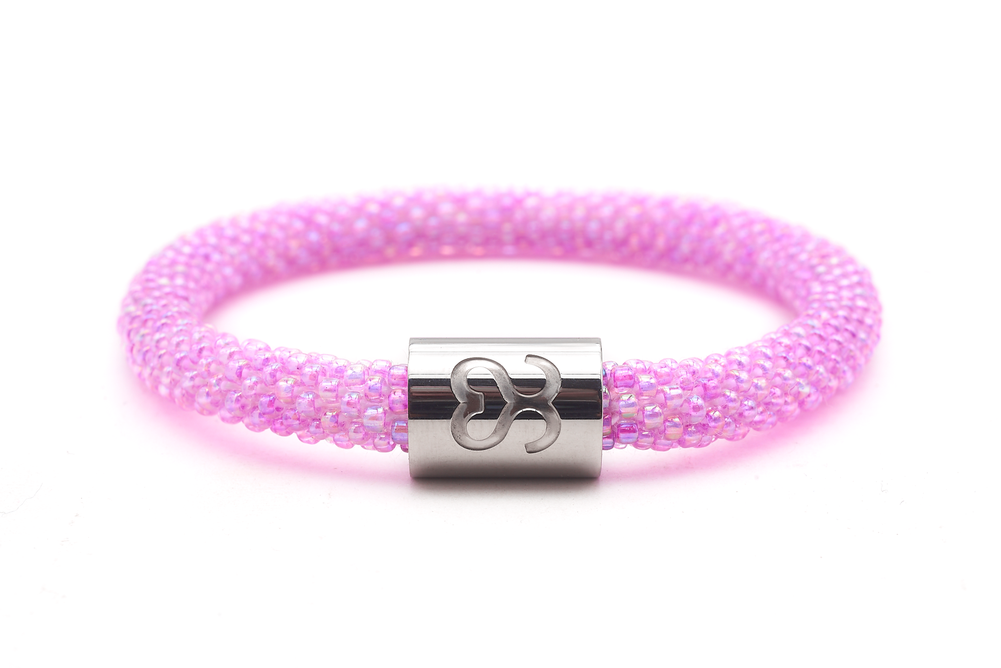 Sashka Co. Pink w/ Silver BFF Charm Bracelet. Handmade glass bead bracelet from Nepal, featuring a roll design.