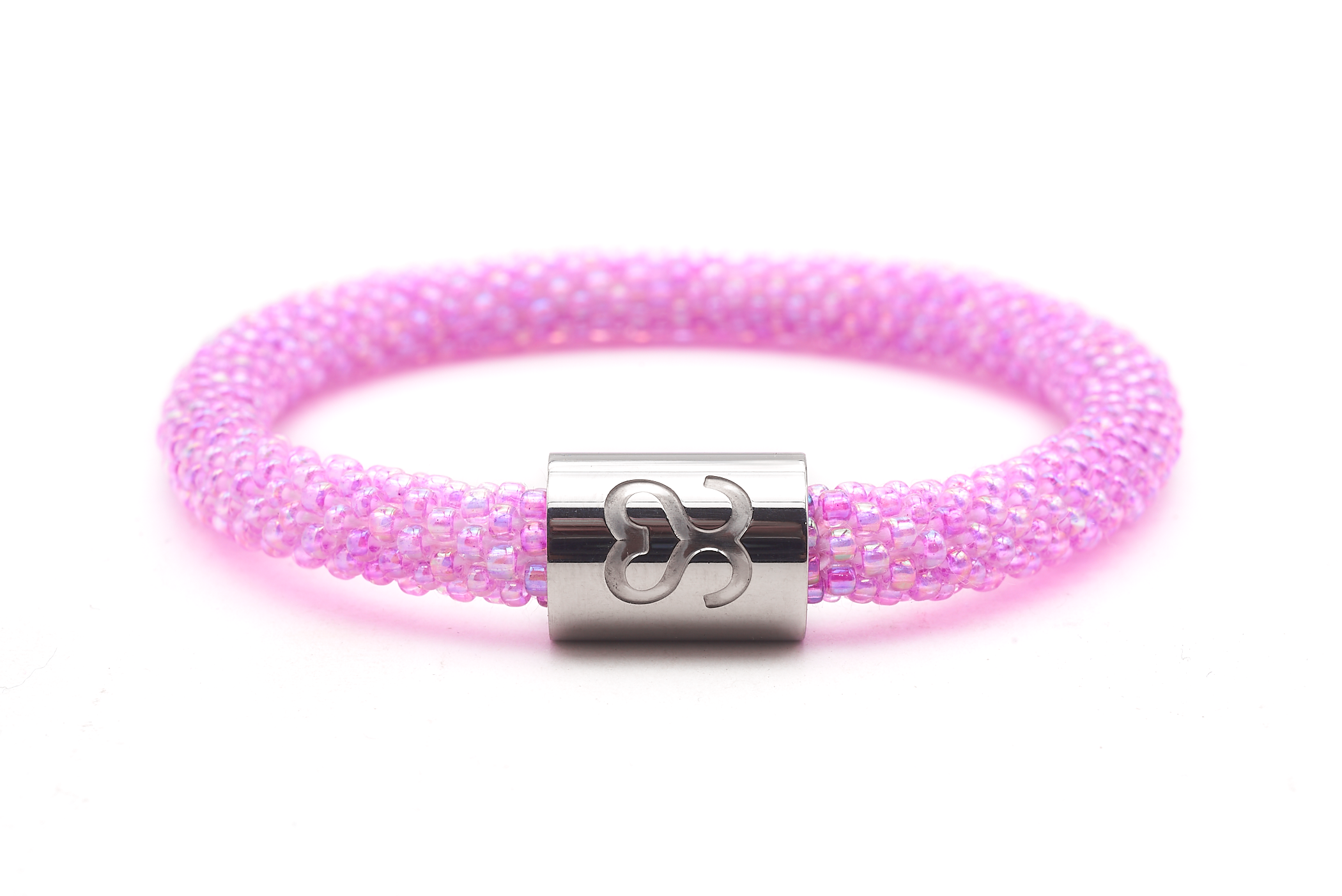 Sashka Co. Pink w/ Silver BFF Charm Bracelet. Handmade glass bead bracelet from Nepal, featuring a roll design.