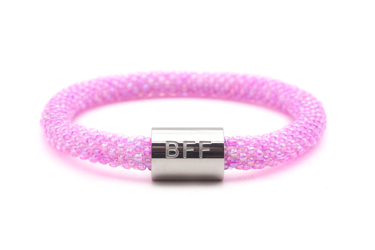 Sashka Co. Pink w/ Silver BFF Charm Bracelet. Handmade glass bead bracelet from Nepal, featuring a roll design.