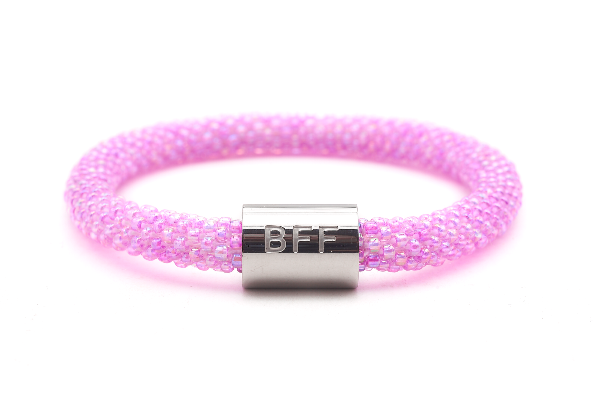 Sashka Co. Pink w/ Silver BFF Charm Bracelet. Handmade glass bead bracelet from Nepal, featuring a roll design.