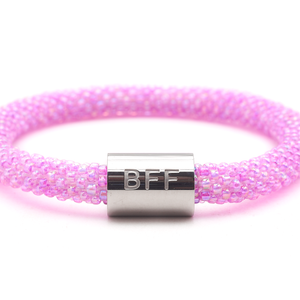 Sashka Co. Pink w/ Silver BFF Charm Bracelet. Handmade glass bead bracelet from Nepal, featuring a roll design.