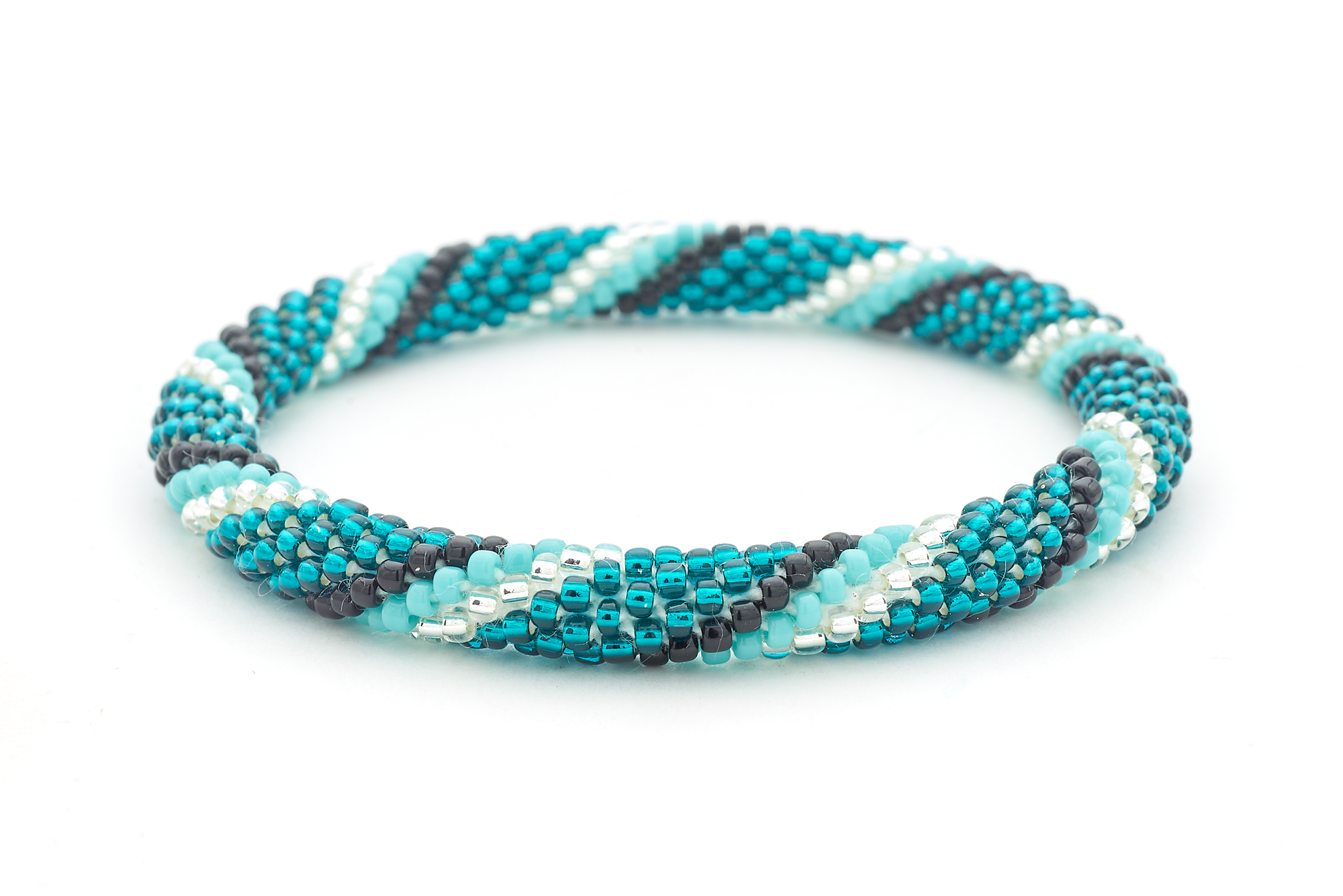 Sashka Co. teal, turquoise, Black, Clear Aqua Nightfall Bracelet. Handmade glass bead bracelet from Nepal, featuring a roll design.
 