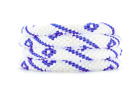 Sashka Co. white and blue Arctic Breeze Bracelet. Handmade glass bead bracelet from Nepal, featuring a roll design.