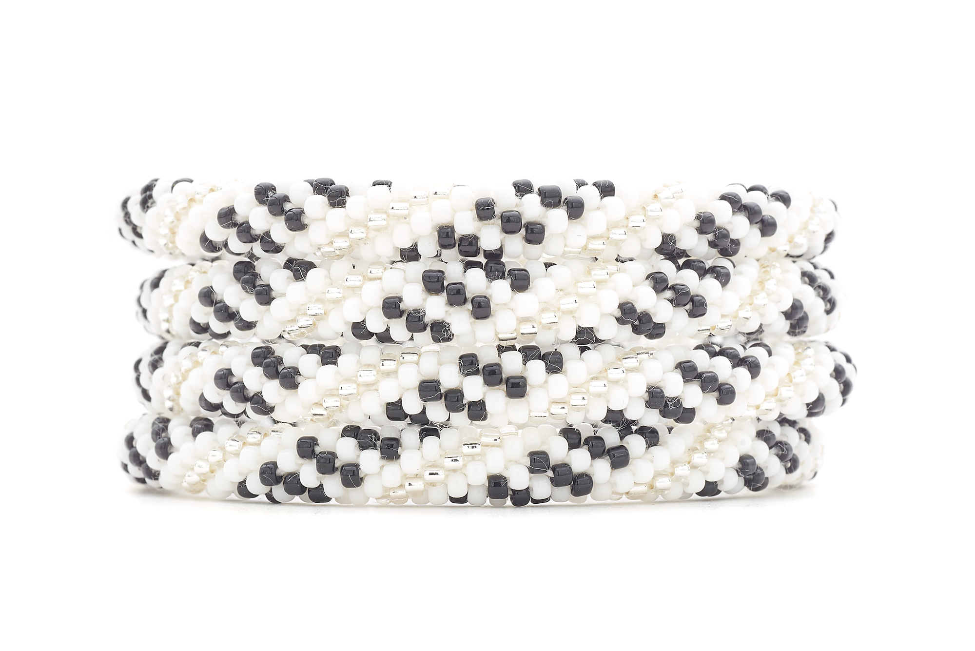 Sashka Co. white, clear, black Arctic Midnight Bracelet. Handmade glass bead bracelet from Nepal, featuring a roll design.