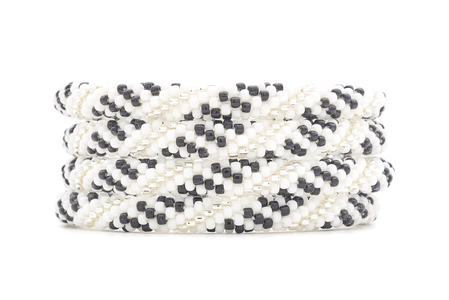 Sashka Co. white, clear, black Arctic Midnight Bracelet. Handmade glass bead bracelet from Nepal, featuring a roll design.
