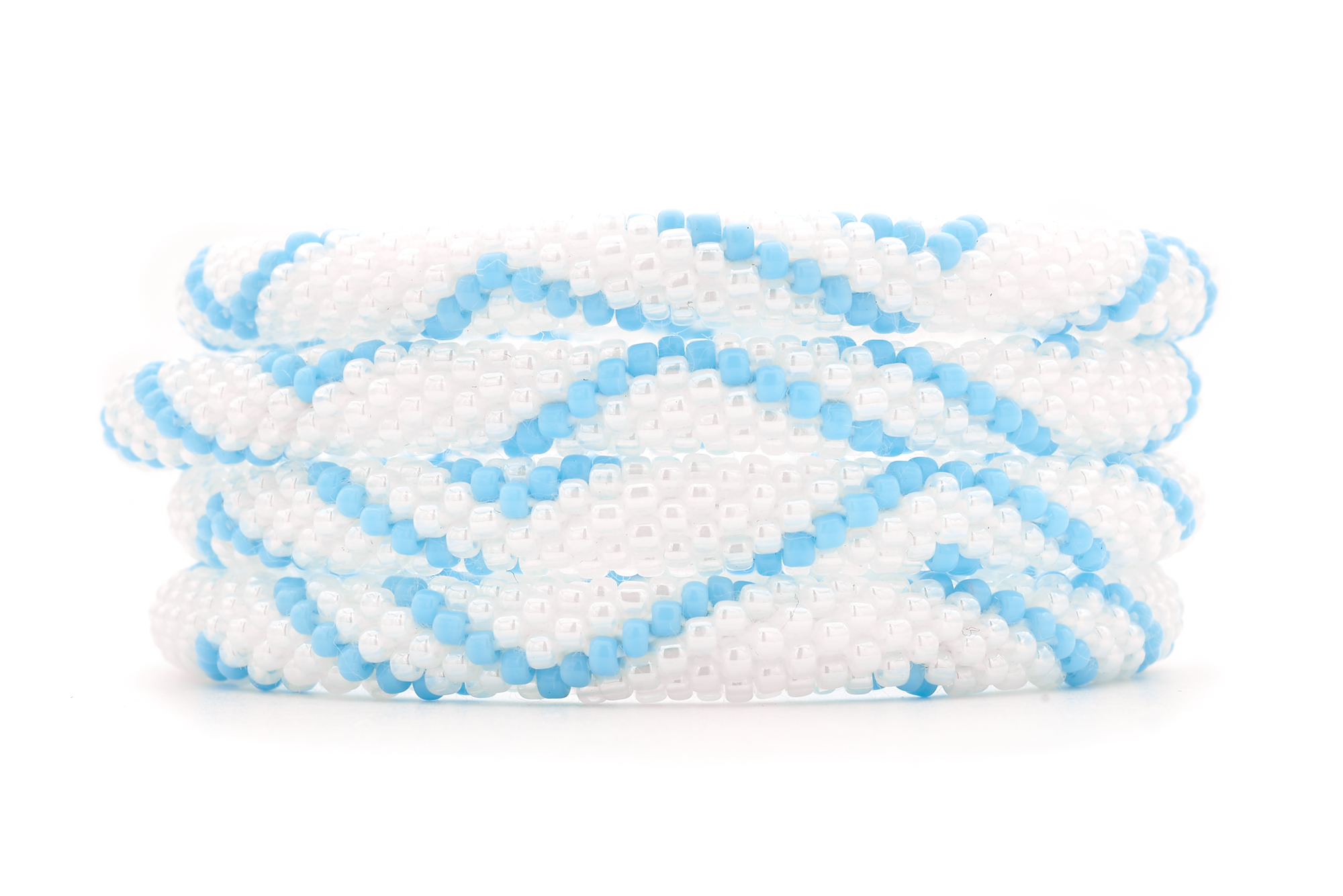 Handmade glass bead white and blue bracelet from Nepal, featuring a roll design. Also known as a beaded bracelet, seed bead bracelet, beach glass bracelet, or sea glass bracelet