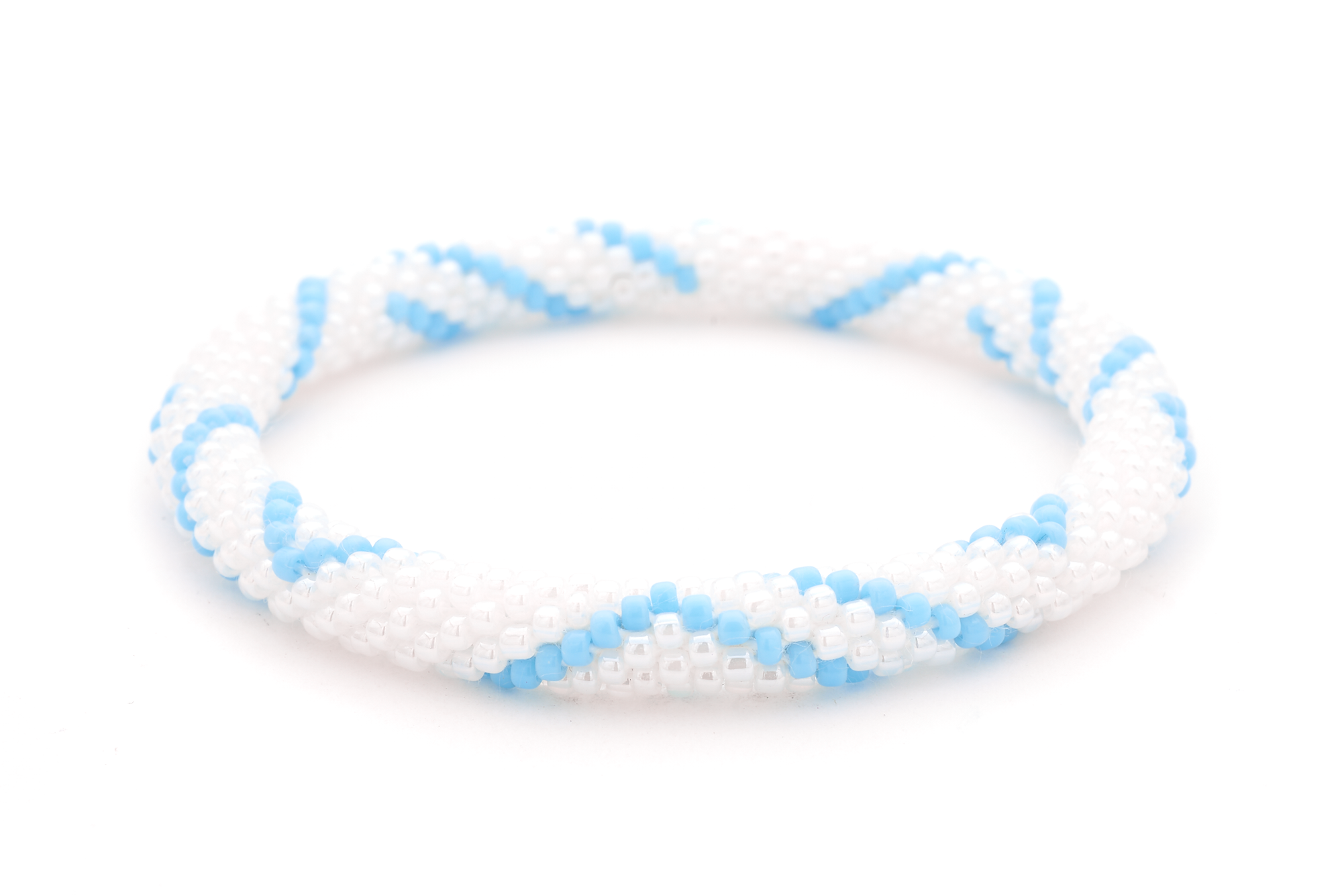 Handmade glass bead white and blue bracelet from Nepal, featuring a roll design. Also known as a beaded bracelet, seed bead bracelet, beach glass bracelet, or sea glass bracelet