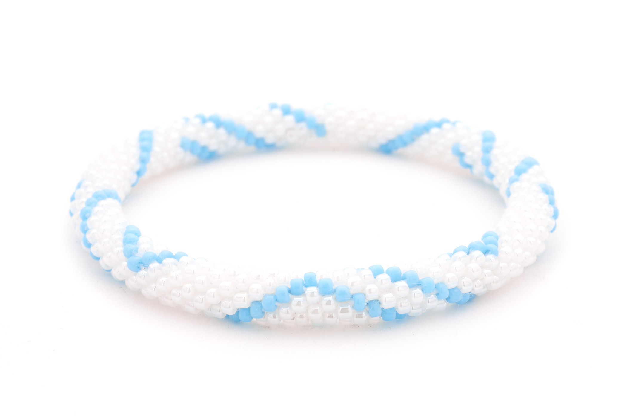 Handmade glass bead white and blue bracelet from Nepal, featuring a roll design. Also known as a beaded bracelet, seed bead bracelet, beach glass bracelet, or sea glass bracelet