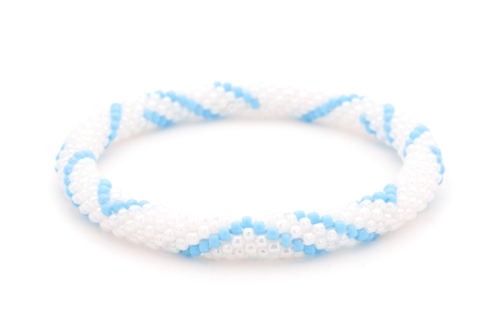 Handmade glass bead white and blue bracelet from Nepal, featuring a roll design. Also known as a beaded bracelet, seed bead bracelet, beach glass bracelet, or sea glass bracelet