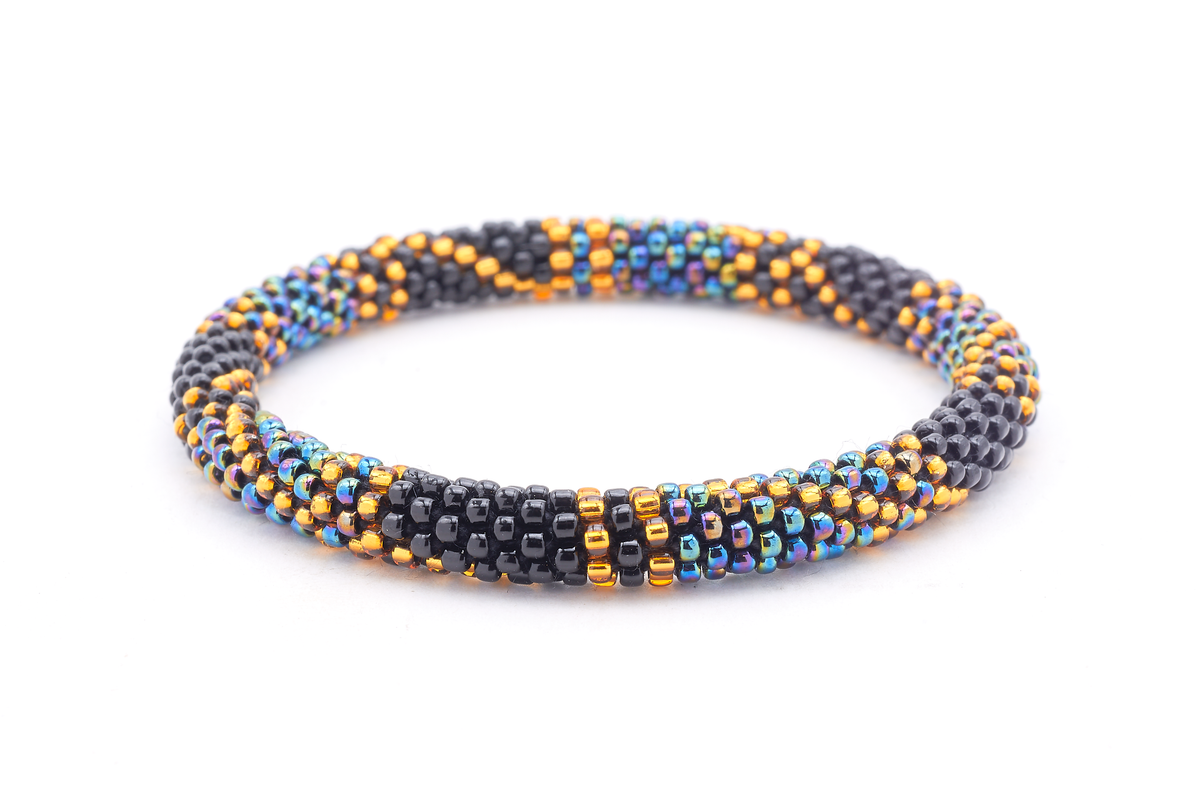 Sashka Co. handmade beaded friendship bracelet with black, gold, and iridescent glass beads in a block spiral pattern. Crafted in Nepal by skilled artisans.