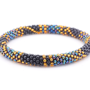Sashka Co. handmade beaded friendship bracelet with black, gold, and iridescent glass beads in a block spiral pattern. Crafted in Nepal by skilled artisans.