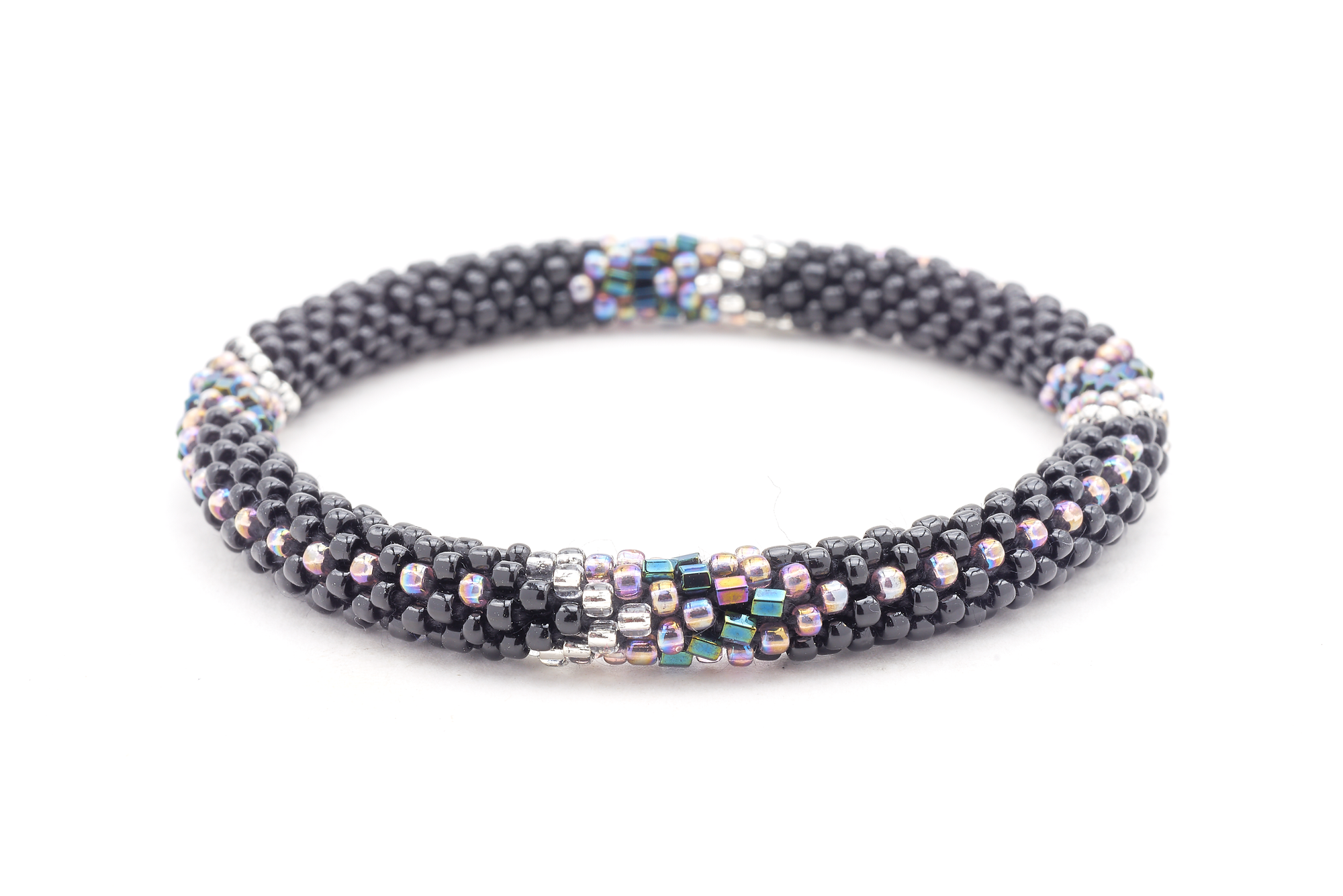 Sashka Co. handmade glass beaded friendship bracelet with black and iridescent clear glass beads. Crafted in Nepal by skilled artisans.
