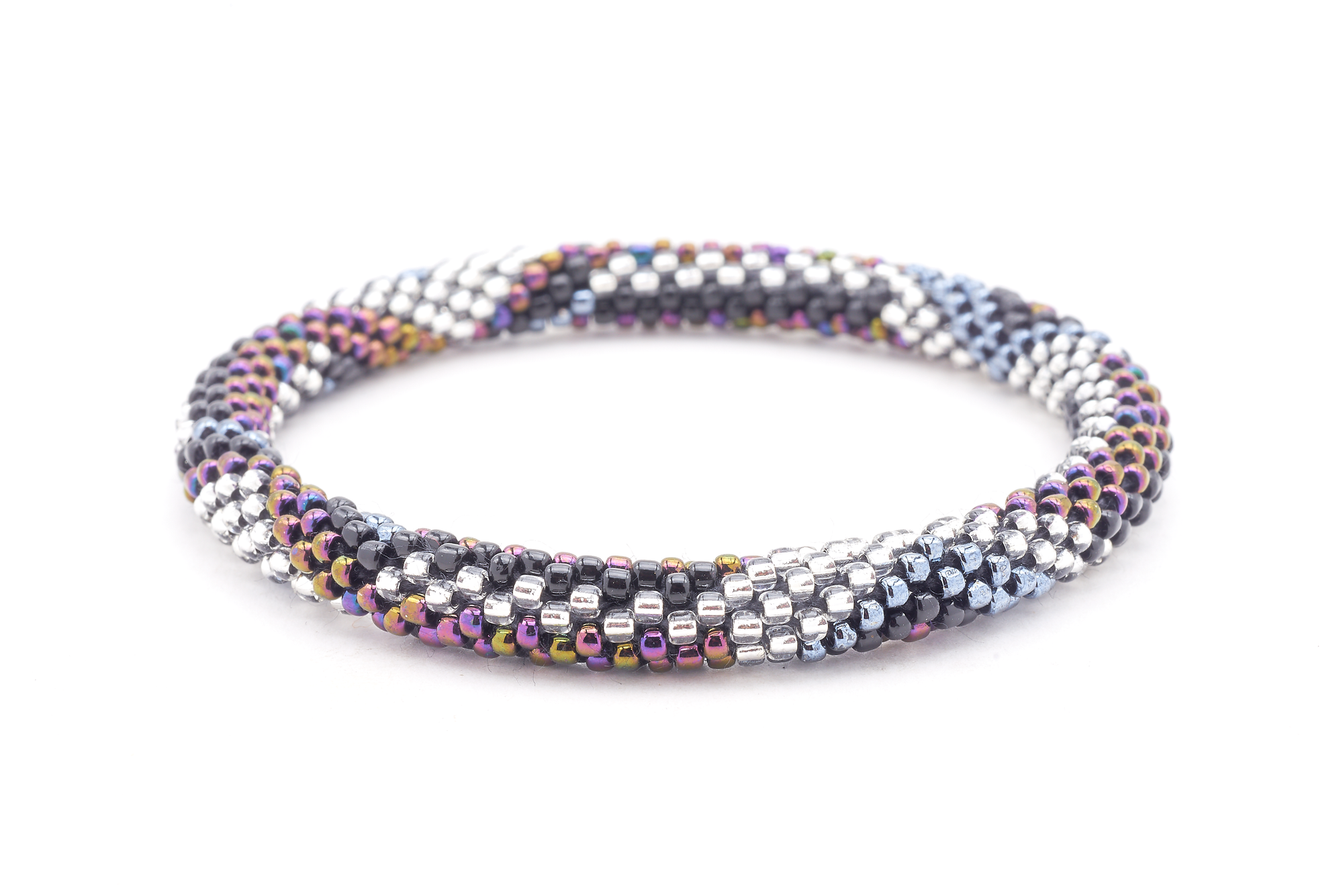 Sashka Co. handmade glass beaded friendship bracelet with black, silver, and iridescent purple glass beads. Crafted in Nepal by skilled artisans.
