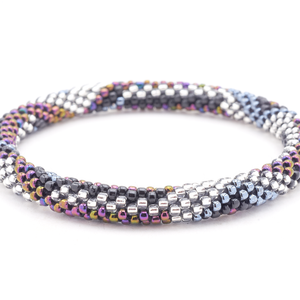 Sashka Co. handmade glass beaded friendship bracelet with black, silver, and iridescent purple glass beads. Crafted in Nepal by skilled artisans.