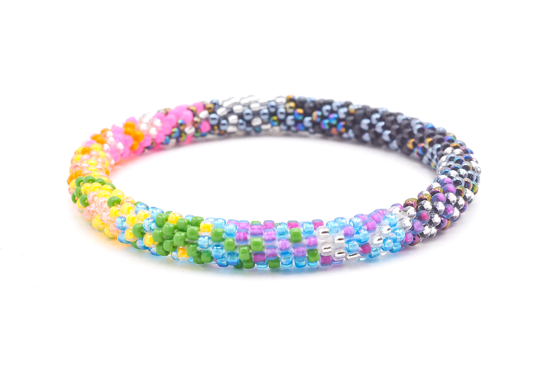 Sashka Co handmade beaded friendship bracelet with black, silver, orange, green, pink, blue, and purple glass beads. Crafted in Nepal by skilled artisans.