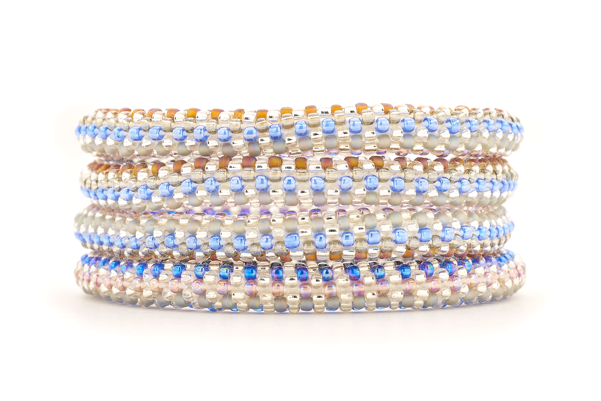 Sashka Co. handmade glass beaded friendship bracelet with blue, clear, silver, brown, and light purple glass beads. Crafted in Nepal by skilled artisans.
