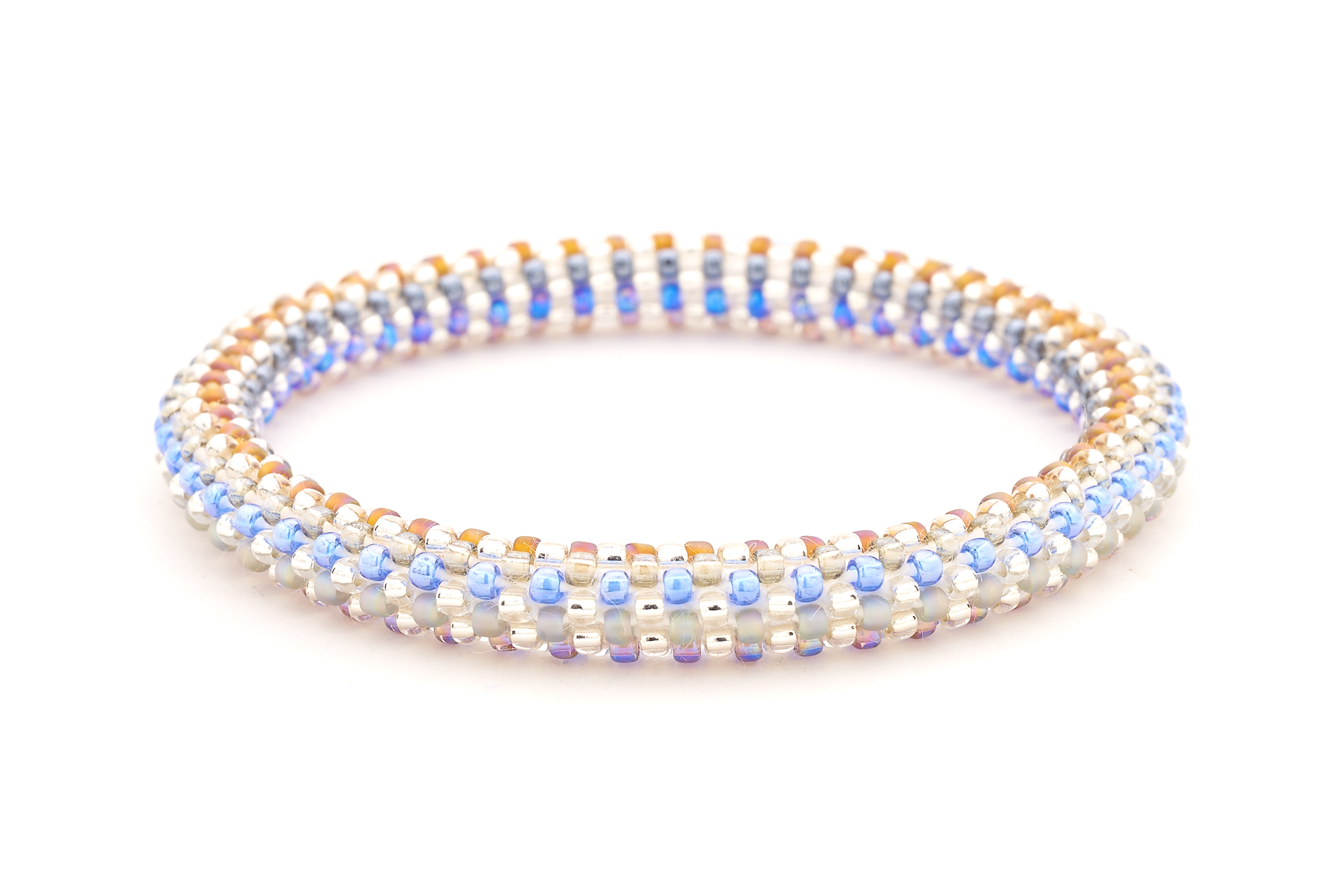 Sashka Co. handmade glass beaded friendship bracelet with blue, clear, silver, brown, and light purple glass beads. Crafted in Nepal by skilled artisans.