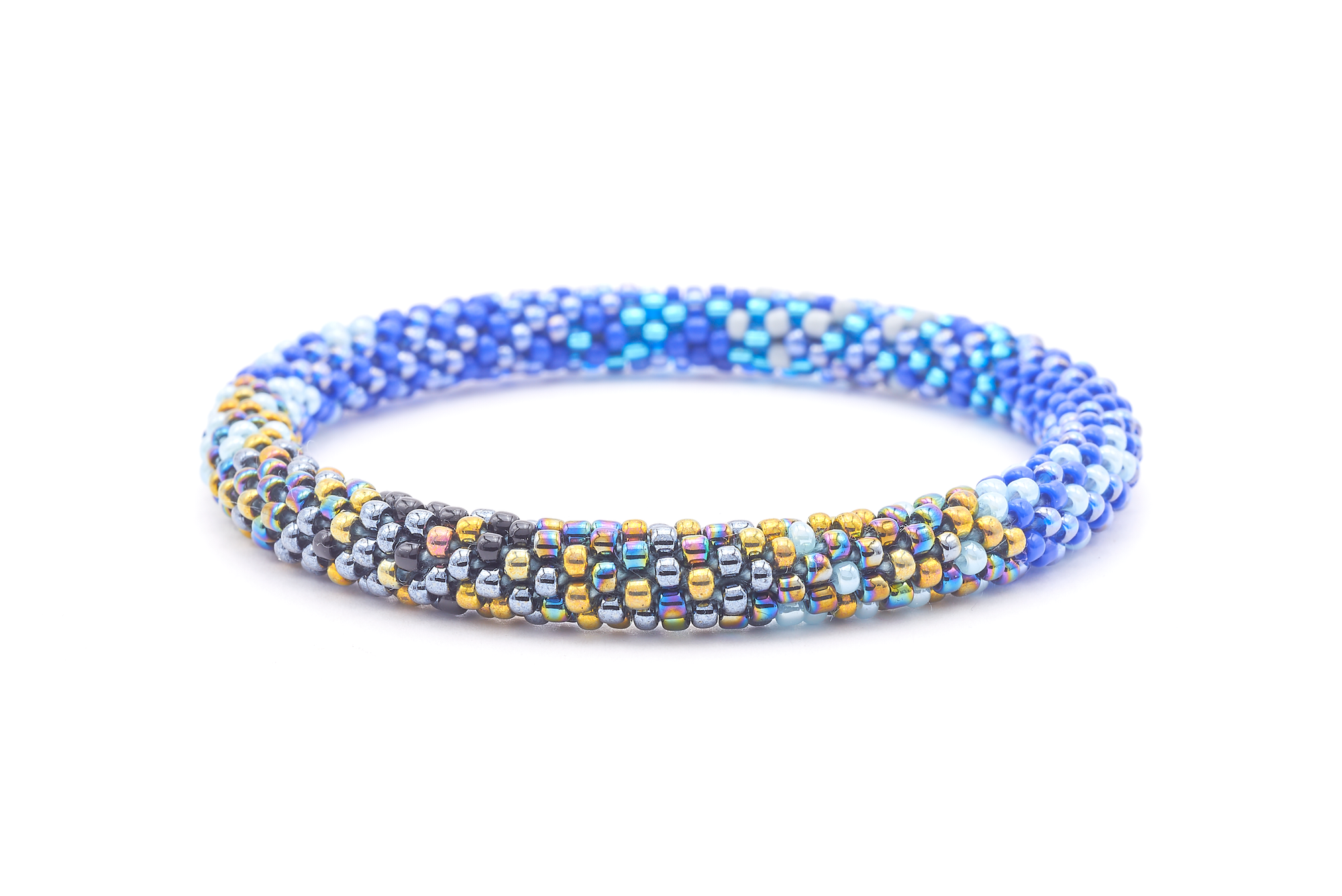 Sashka Co. handmade glass beaded friendship bracelet with blue, iridescent, black, gold, gray, and silver glass beads. Crafted in Nepal by skilled artisans.
