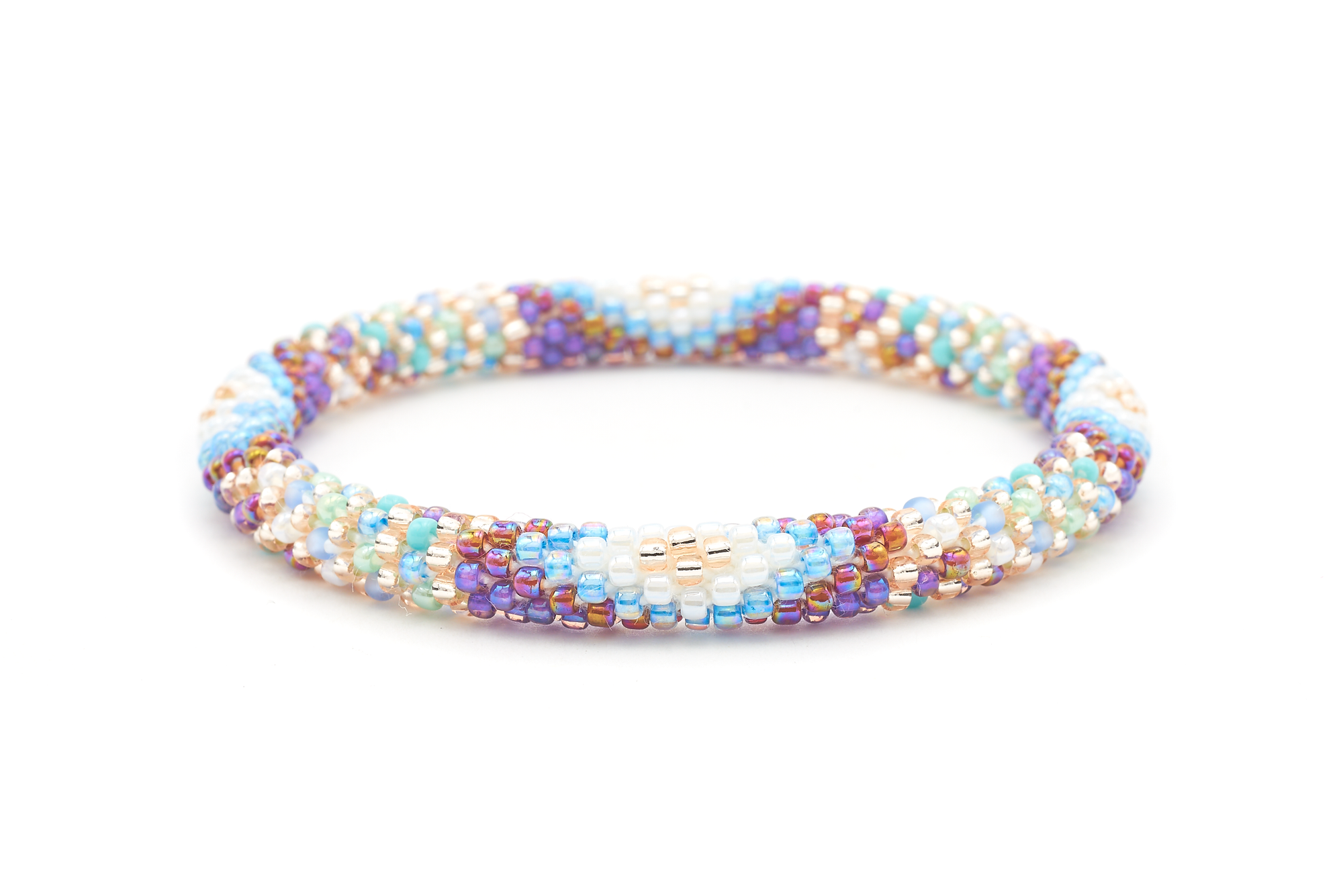 Sashka Co. handmade glass beaded friendship bracelet with blue, iridescent red, purple, white, rose gold, turquoise, mint, and diamond glass beads. Crafted in Nepal by skilled artisans.