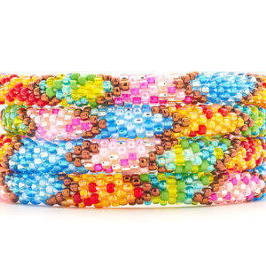 Sashka Co. handmade glass beaded friendship bracelet with blue, pink, green, orange, red, yellow, brown, and teal glass beads. Crafted in Nepal by skilled artisans.