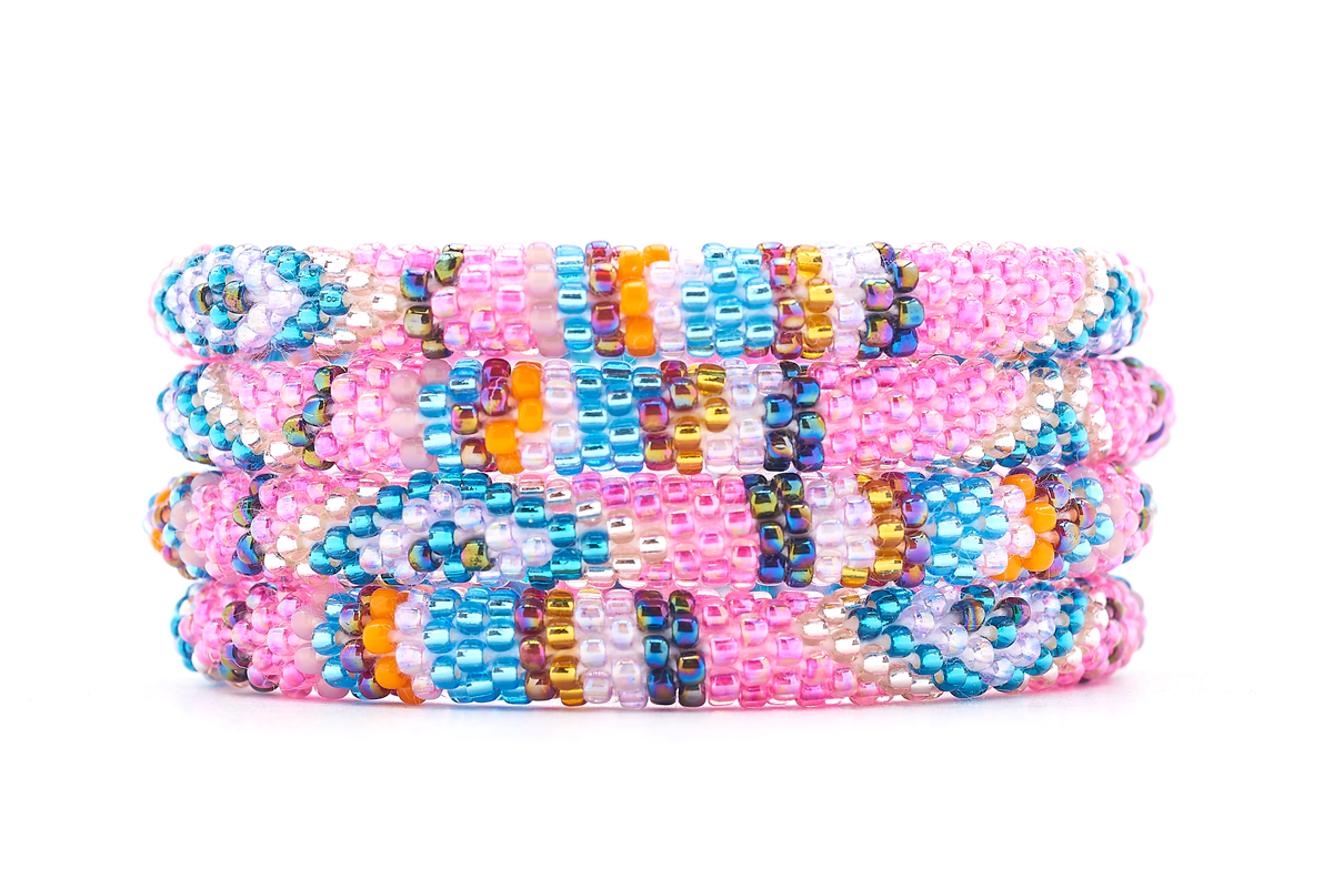 Handmade beaded friendship bracelet with blue, pink, rose gold, purple, orange, and gold glass beads. Crafted by artisans in Nepal for Sashka Co.