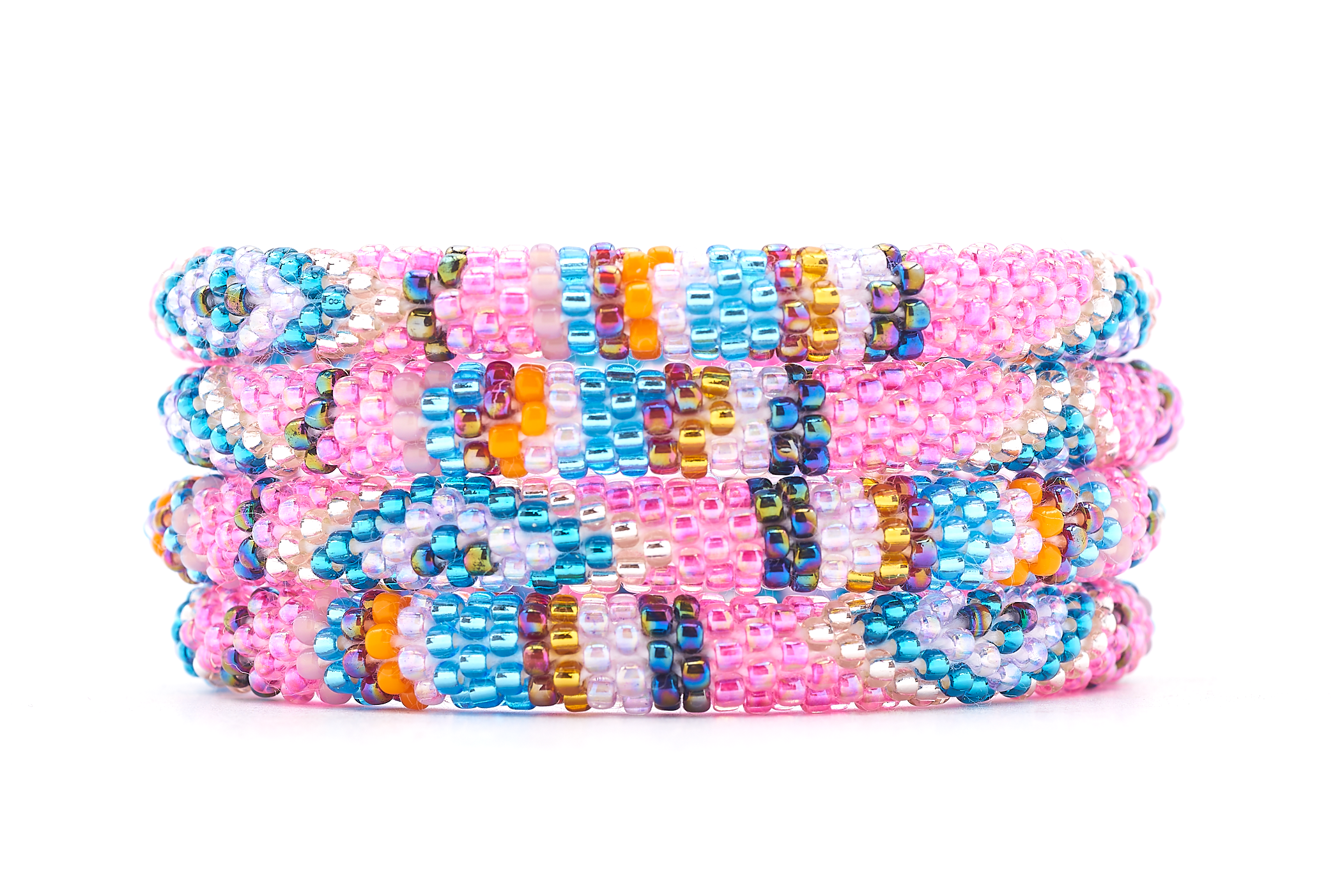 Handmade beaded friendship bracelet with blue, pink, rose gold, purple, orange, and gold glass beads. Crafted by artisans in Nepal for Sashka Co.