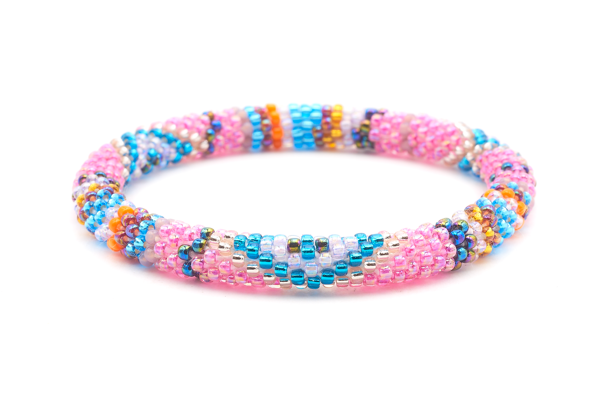 Handmade beaded friendship bracelet with blue, pink, rose gold, purple, orange, and gold glass beads. Crafted by artisans in Nepal for Sashka Co.