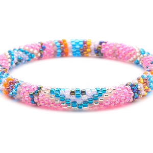 Handmade beaded friendship bracelet with blue, pink, rose gold, purple, orange, and gold glass beads. Crafted by artisans in Nepal for Sashka Co.