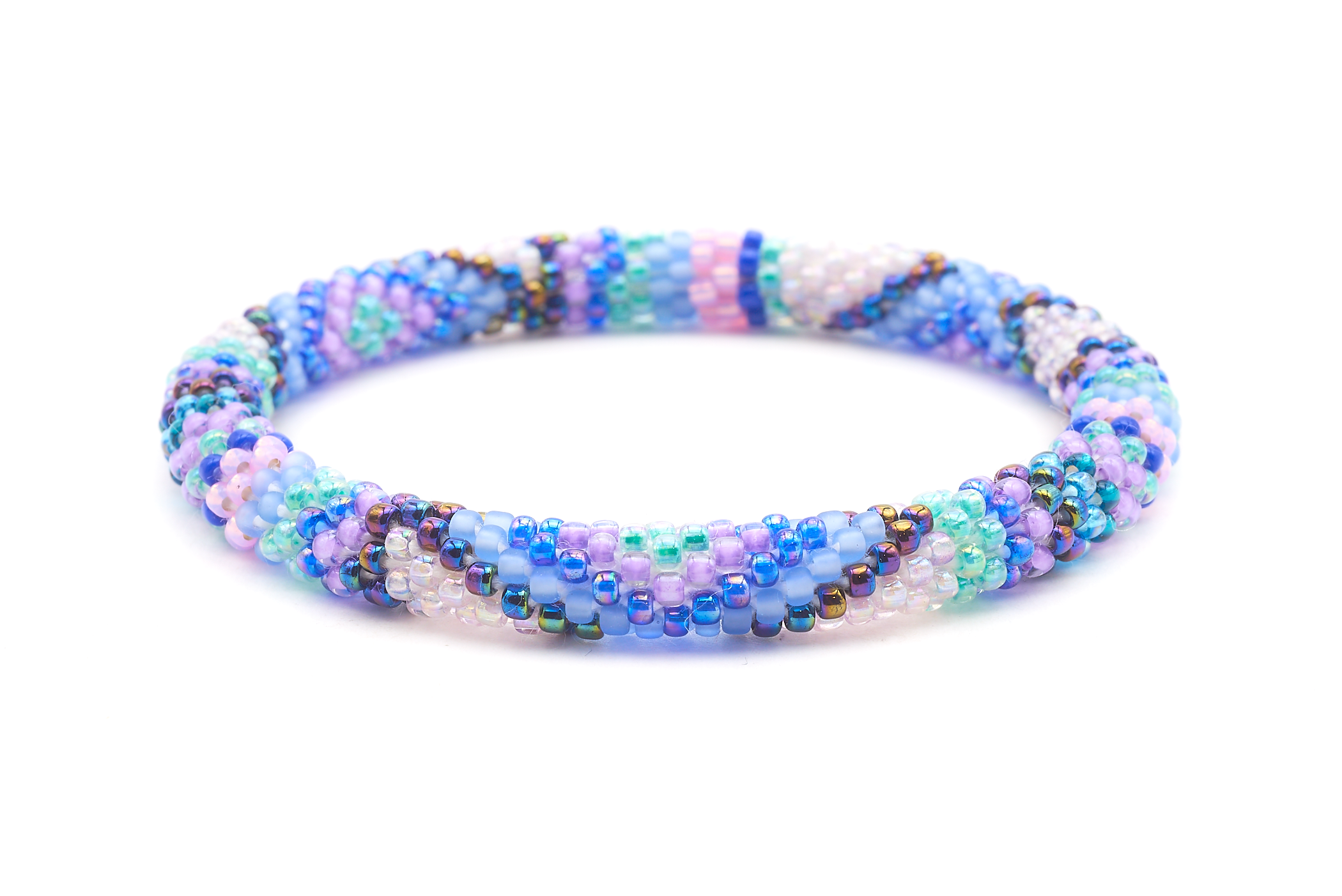 Handmade beaded friendship bracelet with blue, purple, iridescent, and aqua glass beads. Crafted by artisans in Nepal for Sashka Co.