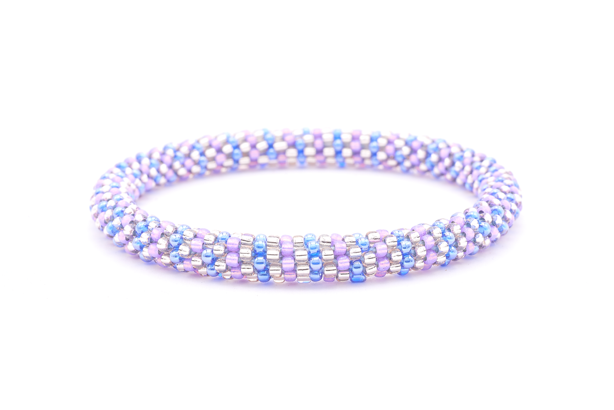 Sashka Co. handmade glass beaded friendship bracelet with blue, purple, and silver glass beads. Crafted in Nepal by skilled artisans.