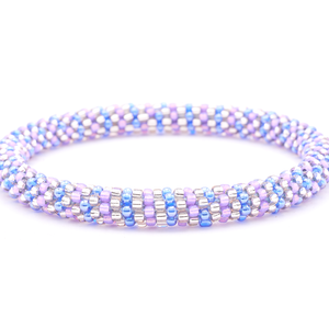 Sashka Co. handmade glass beaded friendship bracelet with blue, purple, and silver glass beads. Crafted in Nepal by skilled artisans.