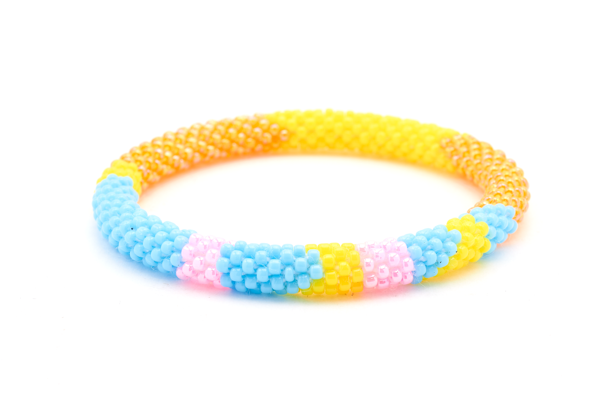 Sashka Co. Blue / Yellow / Orange / Pink Bracelet. Handmade glass bead bracelet from Nepal, featuring a roll design.
 