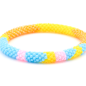 Sashka Co. Blue / Yellow / Orange / Pink Bracelet. Handmade glass bead bracelet from Nepal, featuring a roll design.
 