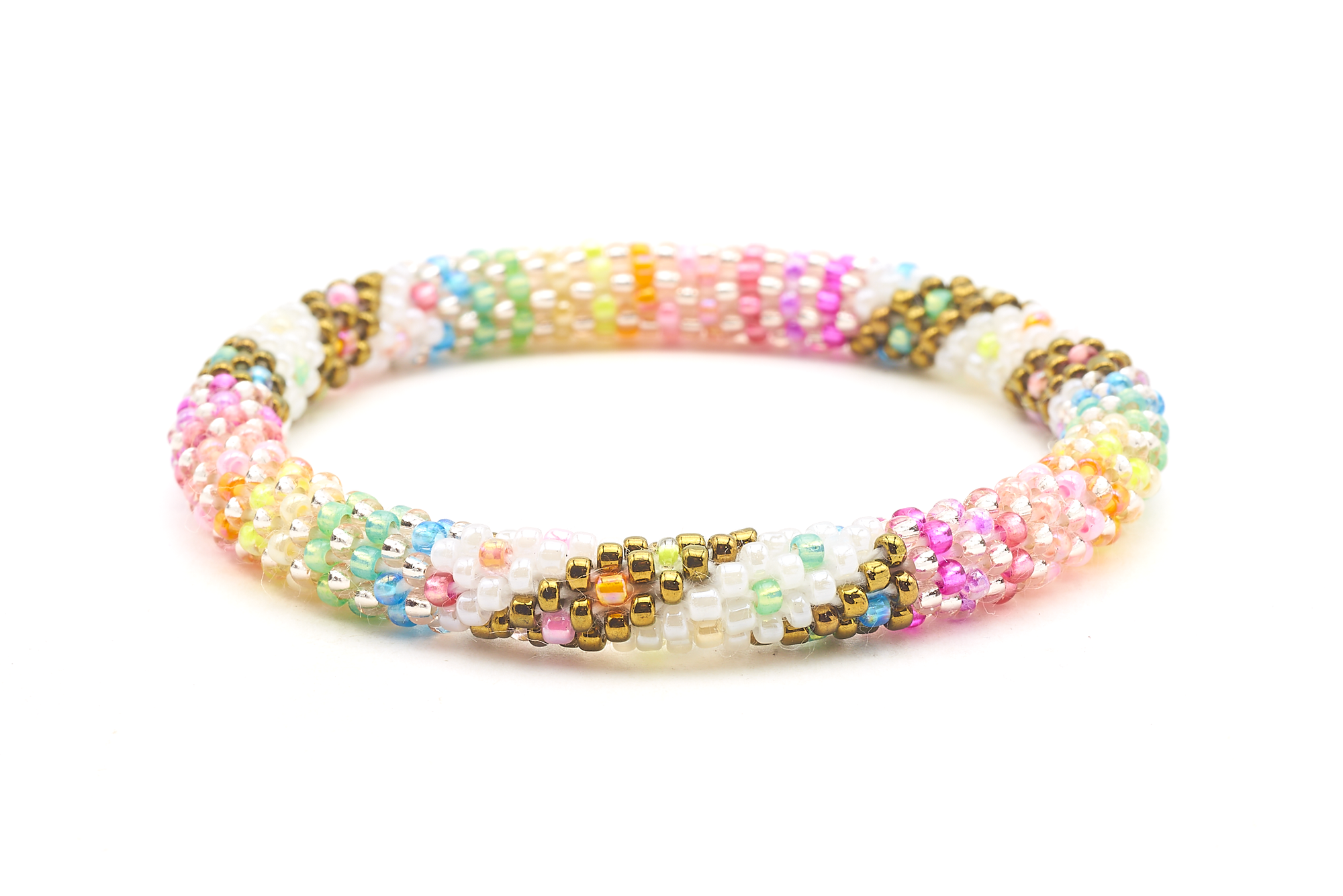 Sashka Co. handmade glass beaded friendship bracelet with bronze, white, blue, green, yellow, orange, pink, purple, and rose gold glass beads in a line spiral pattern. Crafted in Nepal by skilled artisans.
