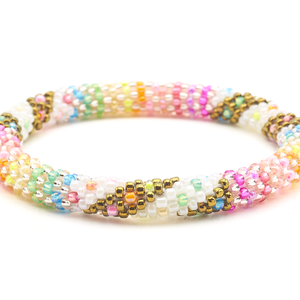 Sashka Co. handmade glass beaded friendship bracelet with bronze, white, blue, green, yellow, orange, pink, purple, and rose gold glass beads in a line spiral pattern. Crafted in Nepal by skilled artisans.