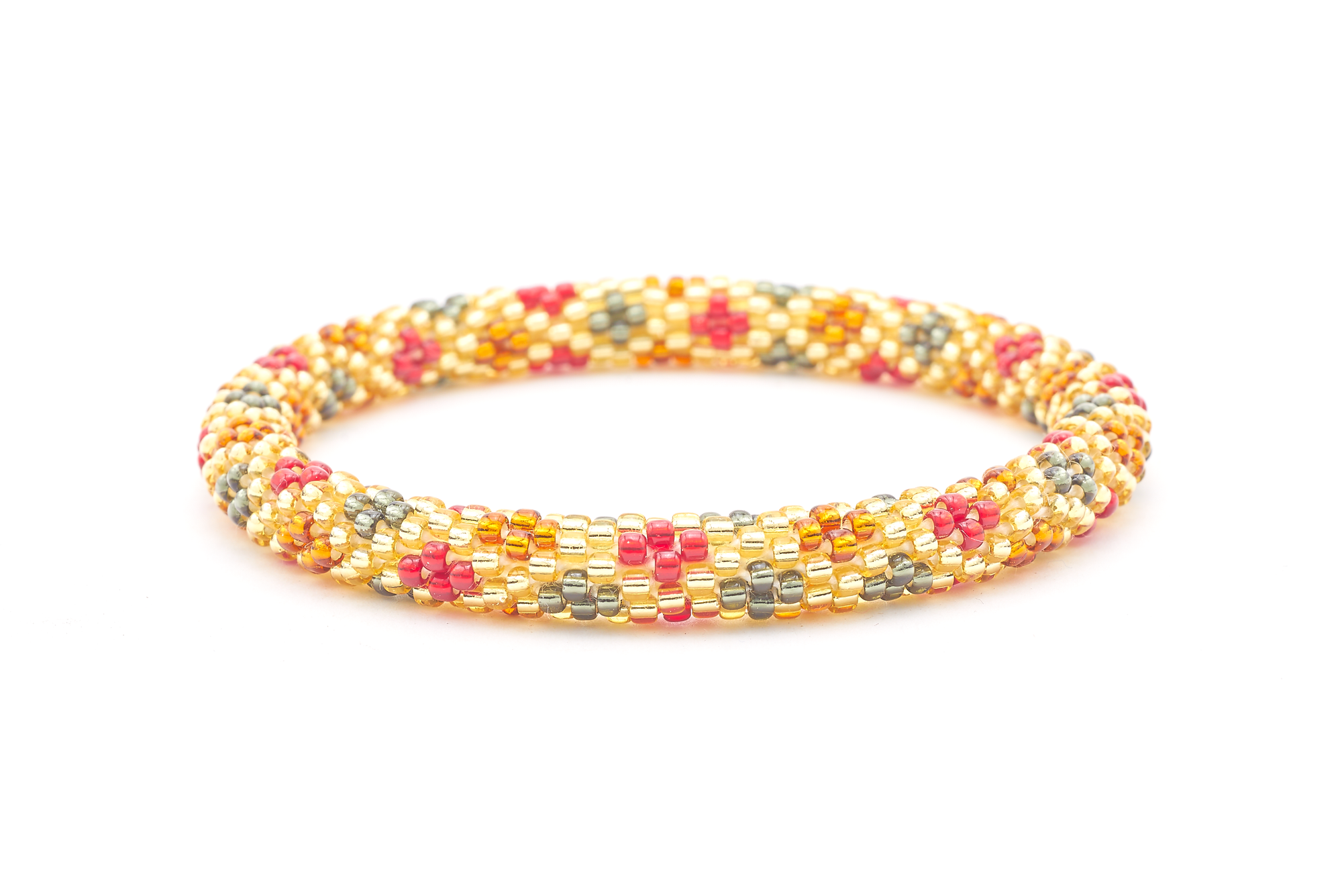 Sashka Co. handmade glass beaded friendship bracelet with champagne gold, red, silver, and bronze glass beads. Crafted in Nepal by skilled artisans.