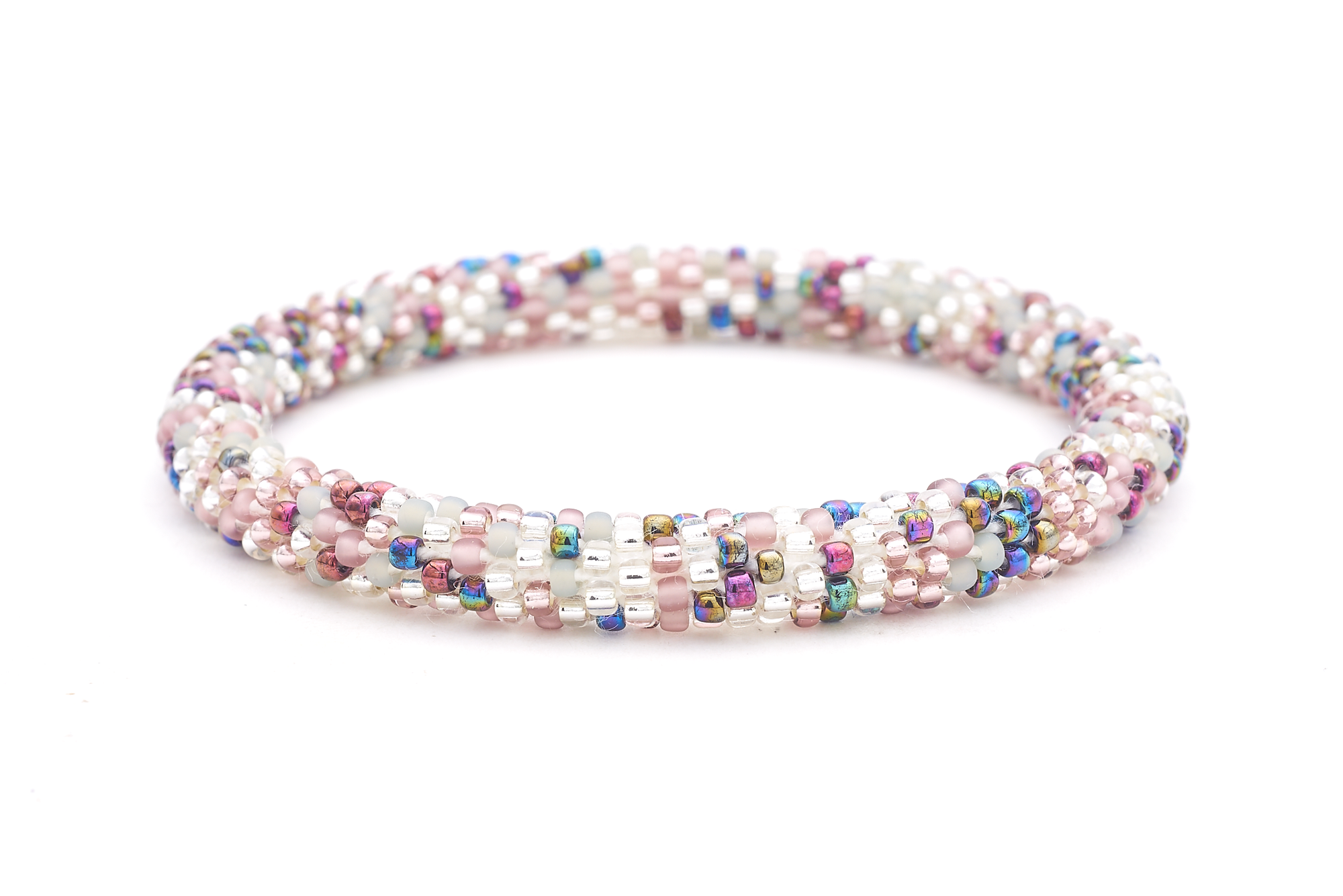 Sashka Co. handmade glass beaded friendship bracelet with clear, matte mauve, matte gray, iridescent mauve, and iridescent plum glass beads. Crafted in Nepal by skilled artisans.
