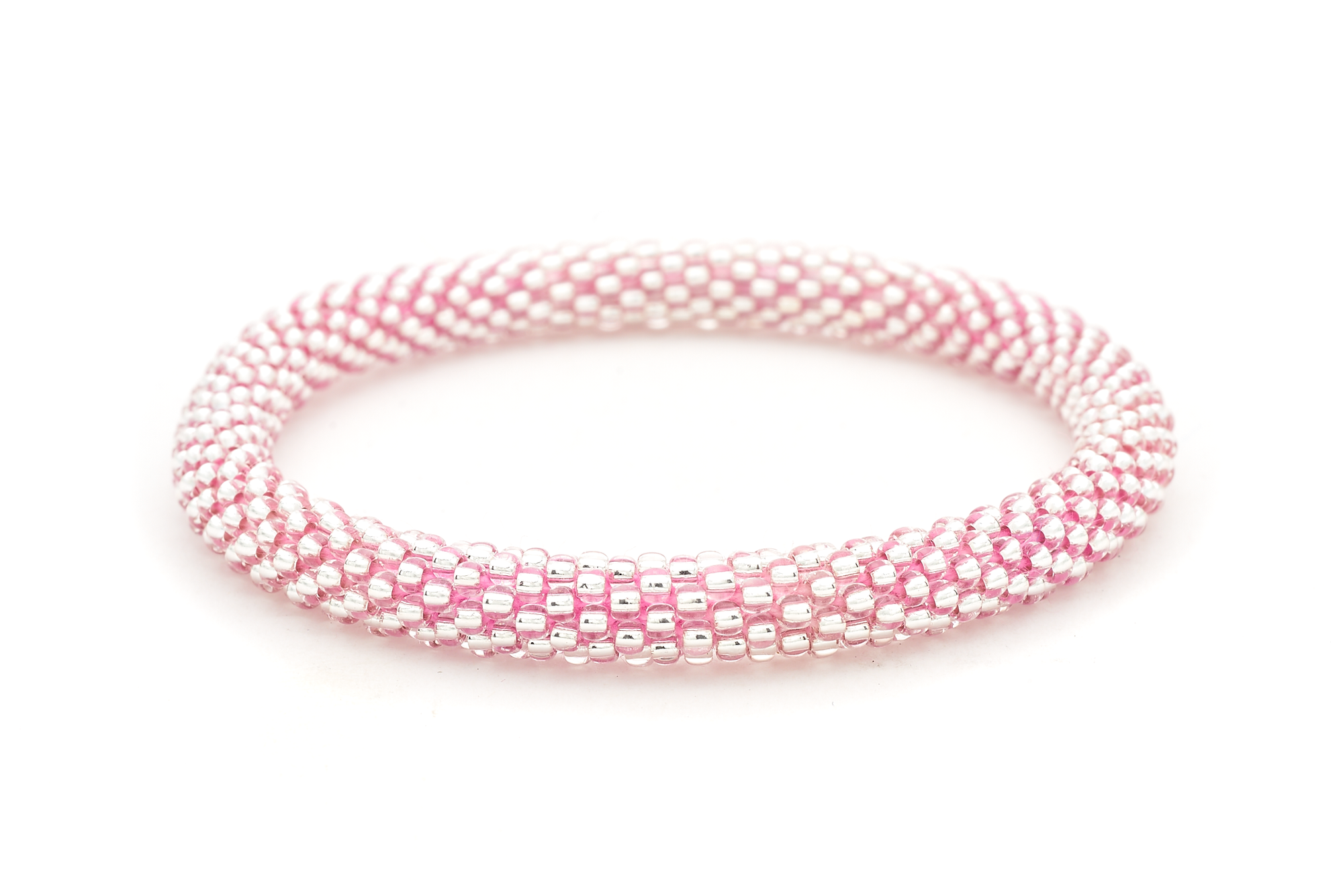 Sashka Co handmade beaded friendship bracelet with clear glass beads and pink thread. Crafted in Nepal by skilled artisans.