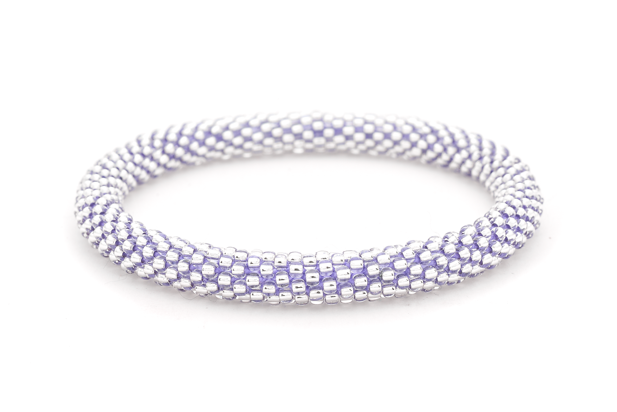 Sashka Co handmade beaded friendship bracelet with clear glass beads and purple thread. Crafted in Nepal by skilled artisans.