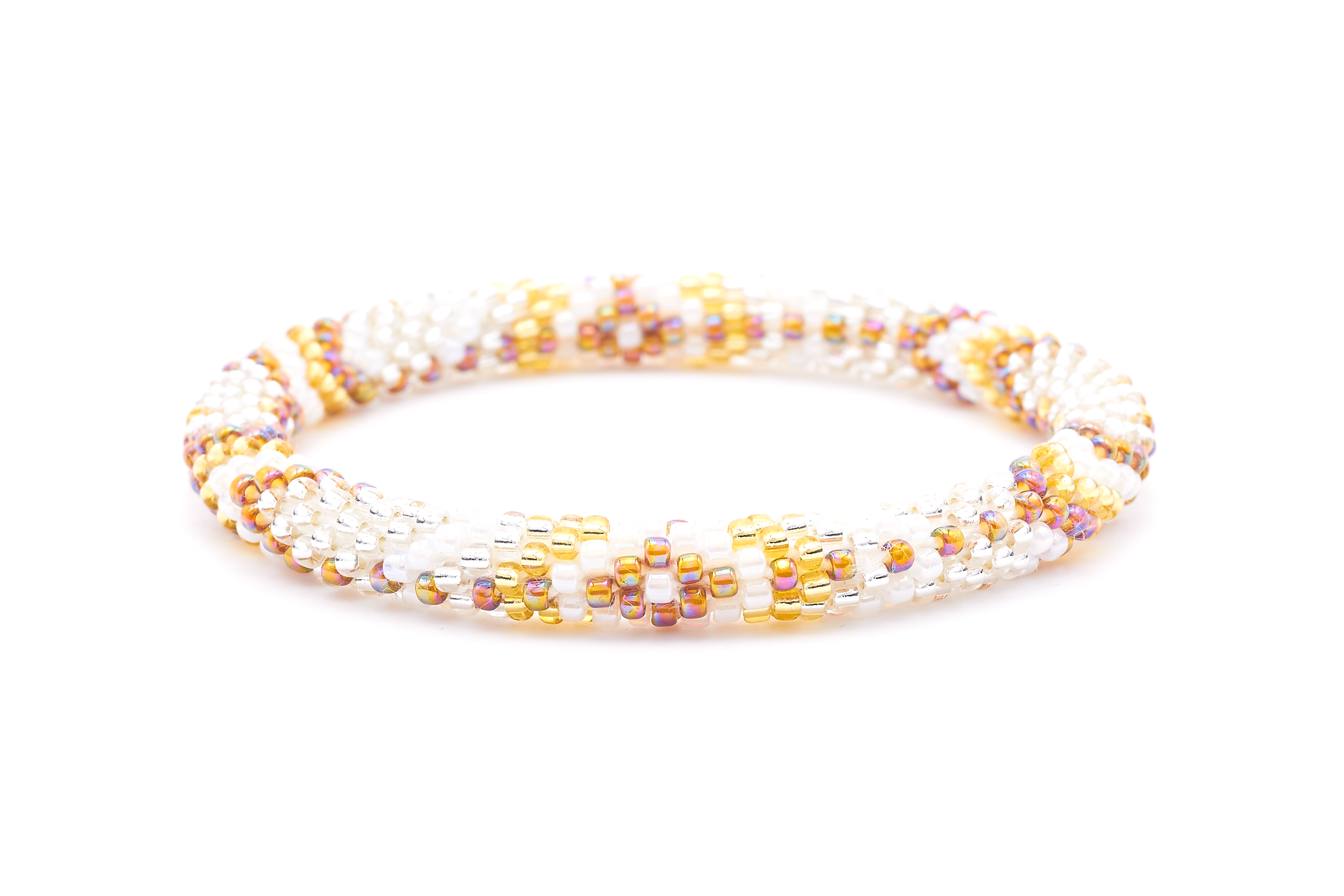 Sashka Co. handmade glass beaded friendship bracelet with clear, white, champagne gold, and iridescent brown glass beads. Crafted in Nepal by skilled artisans.
