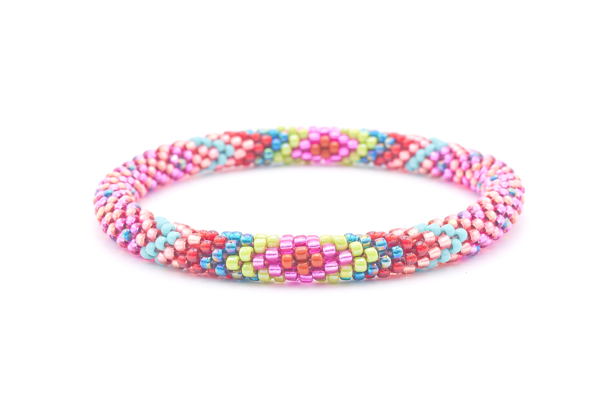 Sashka Co. handmade glass beaded friendship bracelet with fuchsia, red, turquoise, green, iridescent teal, pink, and light brown glass beads. Crafted in Nepal by skilled artisans.