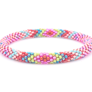 Sashka Co. handmade glass beaded friendship bracelet with fuchsia, red, turquoise, green, iridescent teal, pink, and light brown glass beads. Crafted in Nepal by skilled artisans.