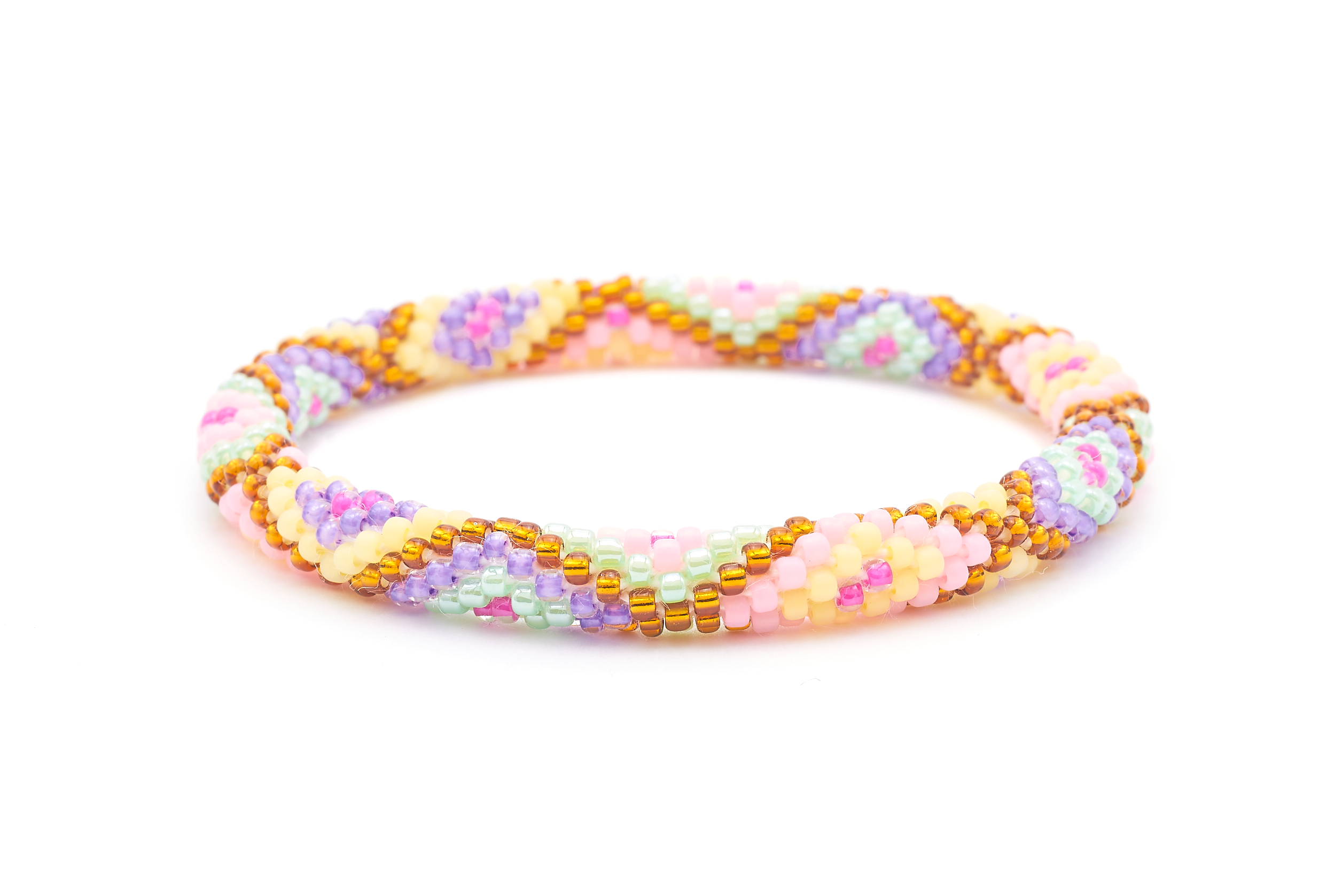 Sashka Co. handmade beaded friendship bracelet with gold, purple, pink, matte yellow, mint, and matte pink glass beads. Crafted in Nepal by skilled artisans.