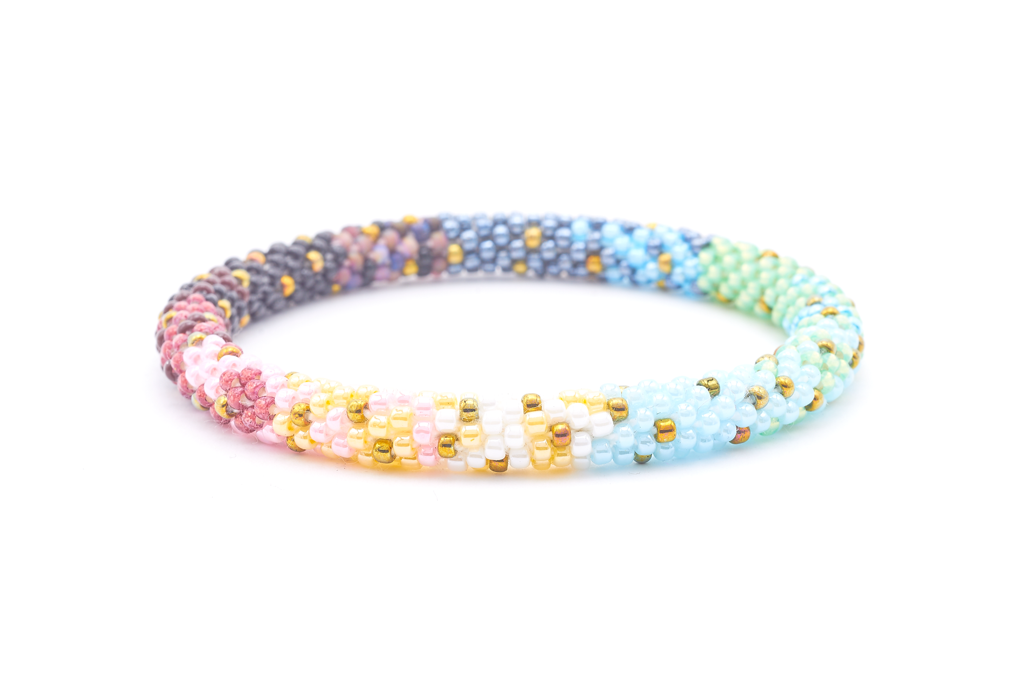 Sashka Co. handmade glass beaded friendship bracelet with green, yellow, blue, white, pink, purple, brown, black, silver, and gold glass beads. Crafted in Nepal by skilled artisans.