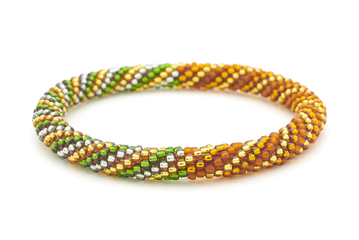 Sashka Co. handmade glass beaded friendship bracelet with green, brown, gold, and silver glass beads in a spiral pattern. Crafted in Nepal by skilled artisans.