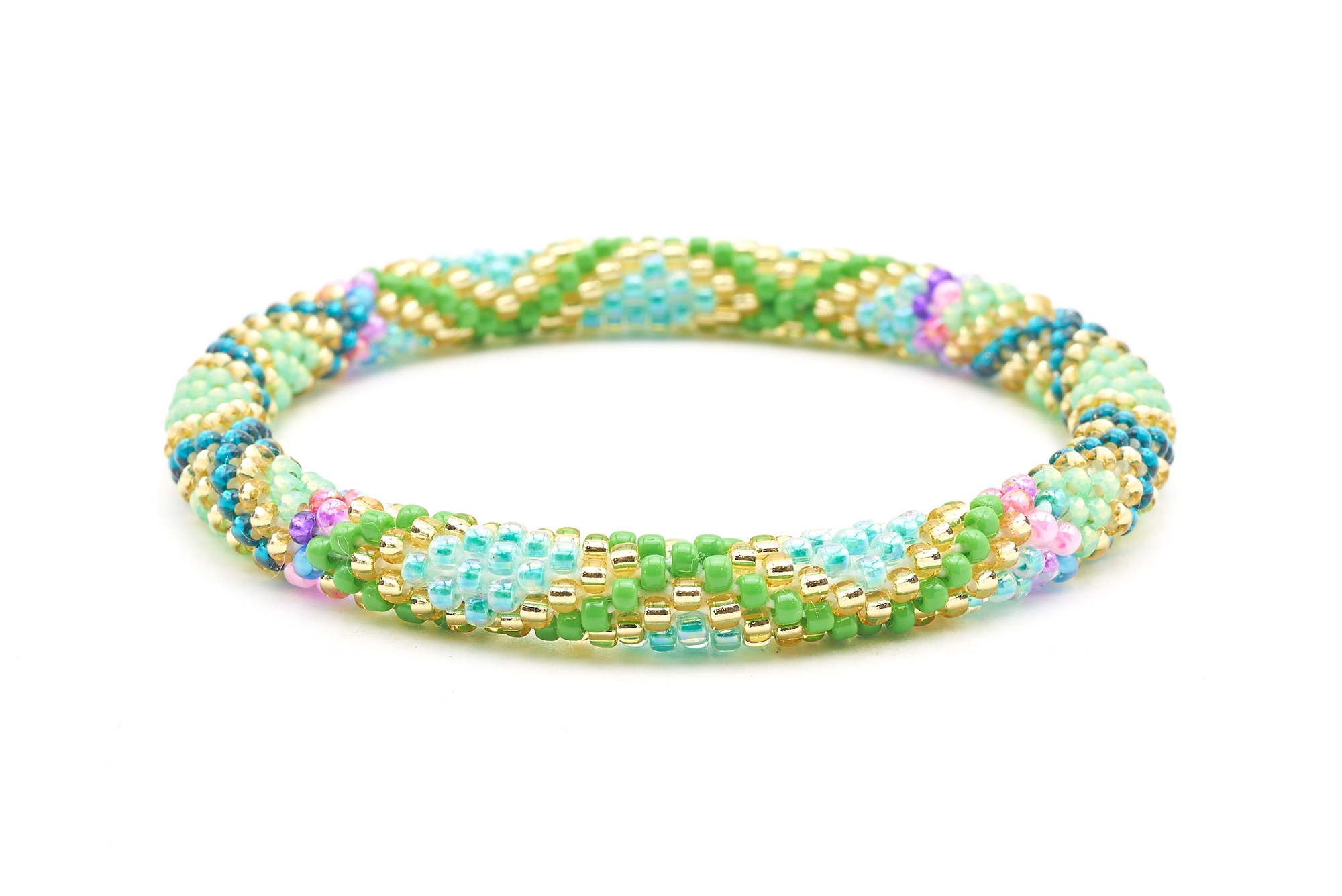 Sashka Co. handmade glass beaded friendship bracelet with green, champagne gold, aqua, pink, purple, and teal glass beads. Crafted in Nepal by skilled artisans.