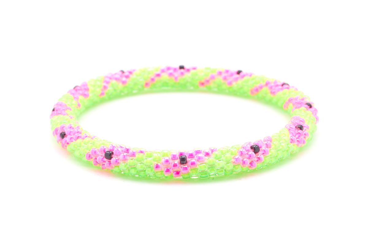 Sashka Co. Green, Pink , Black Watermelon Bracelet. Handmade glass bead bracelet from Nepal, featuring a roll design.