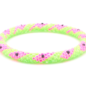 Sashka Co. Green, Pink , Black Watermelon Bracelet. Handmade glass bead bracelet from Nepal, featuring a roll design.